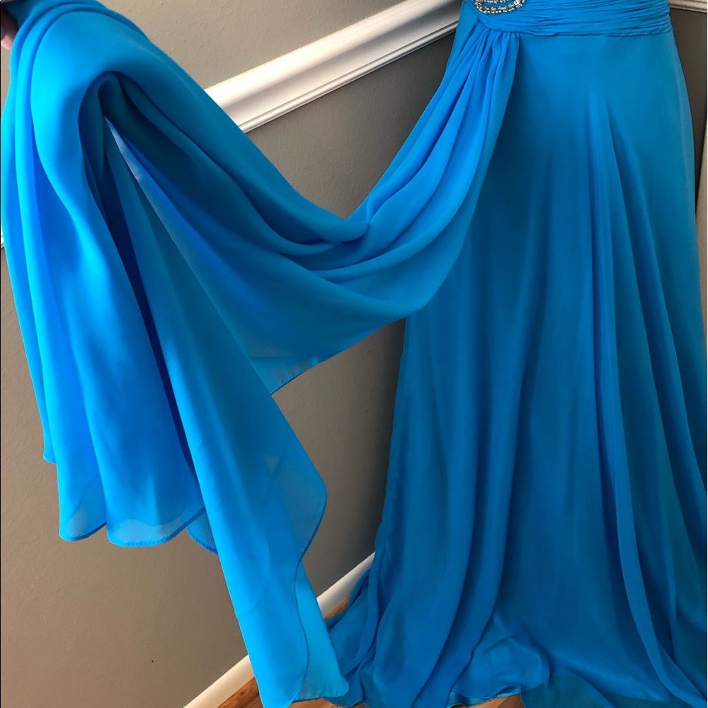 NEW PANOPLY SZ 8 TURQUOISE ONE SHOULDER JEWELED DRAPE FORMAL GOWN - Picture 4 of 9